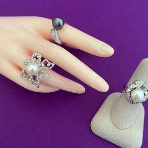 SET OF 3 RINGS 10-10.5MM CULTURED PEARLS BLACK OR WHITE WITH CZ SIZE 6